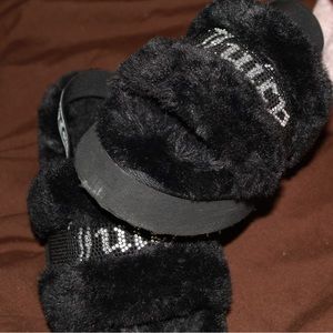 Platformed fuzzy Juice Couture slides. Faux fur, rhinestones all black size 6W